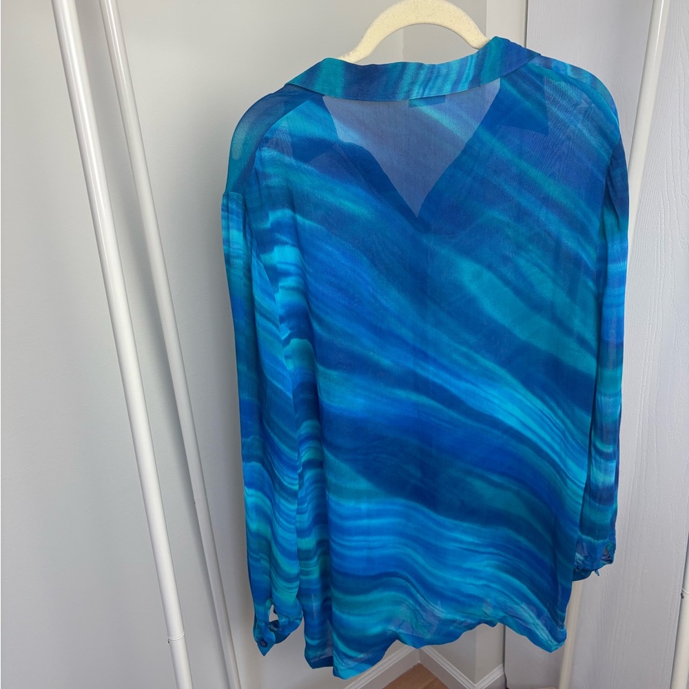 Vibrant Blue and Green Sheer Button-Up - Picture 2 of 5